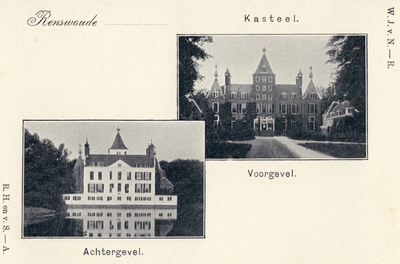 14032 Collage van gezichten van het kasteel Renswoude (Dorpsstraat 3-7) te Renswoude:- De voorgevel.- De achtergevel.